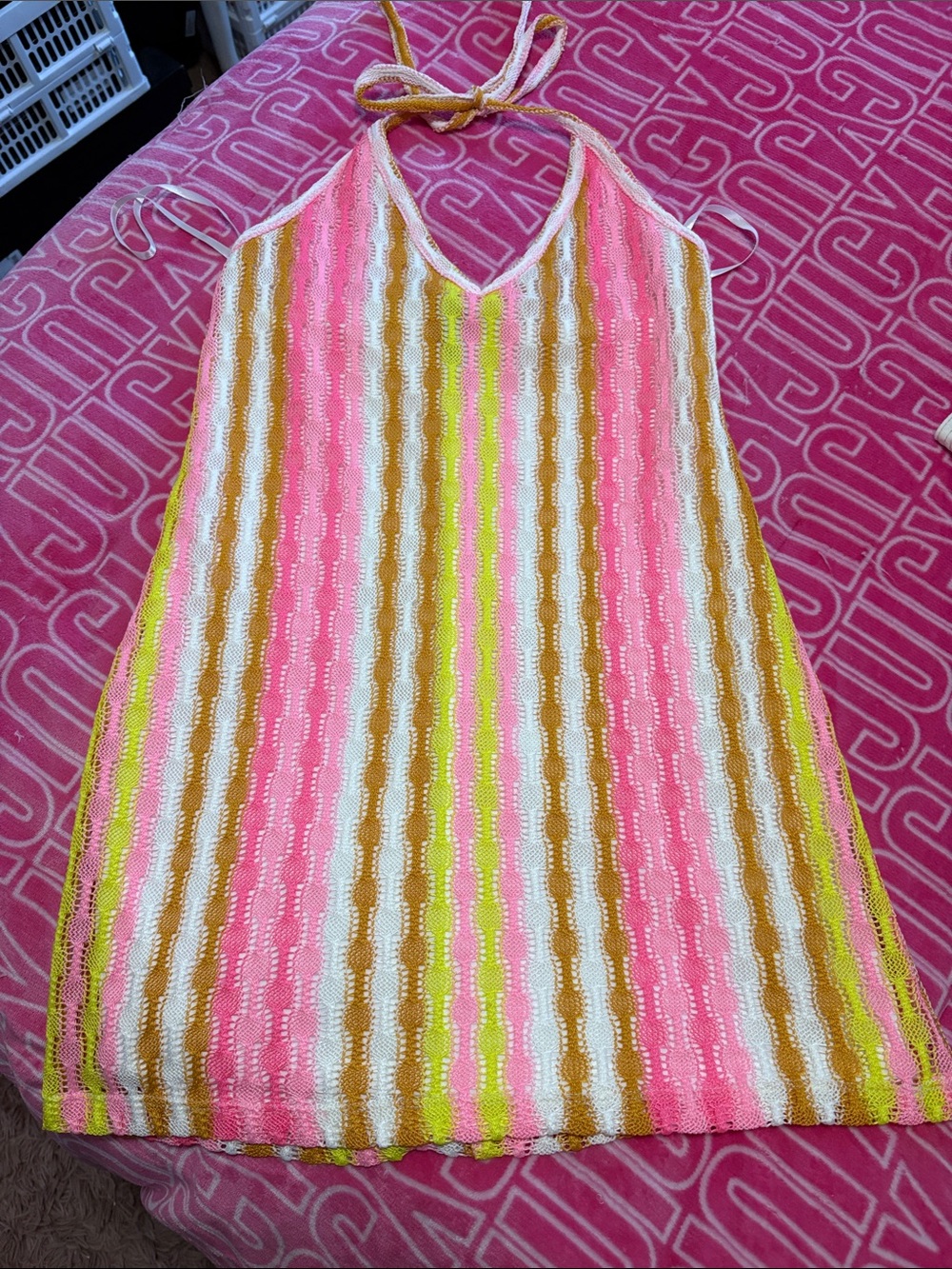 wild fable Neon Yellow, Pink, White & Brown Striped Halter Knit Dress